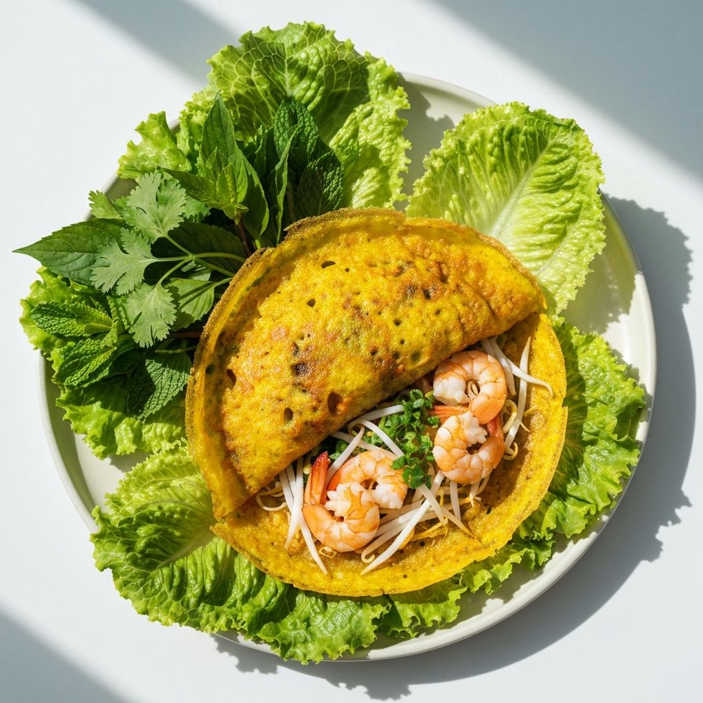 Golden crispy Vietnamese sizzling crepe bánh xèo served with fresh herbs and lettuce for wrapping
