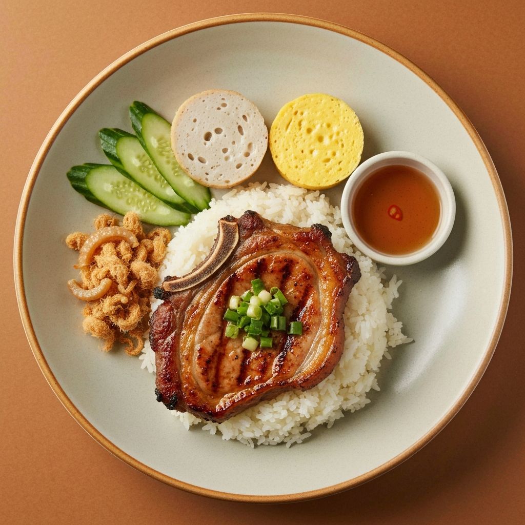 Vietnamese cơm tấm broken rice plate with grilled pork, shredded pork skin, and steamed egg