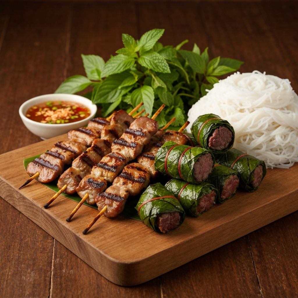 Platter of Vietnamese grilled meats including lemongrass pork skewers and beef in betel leaves