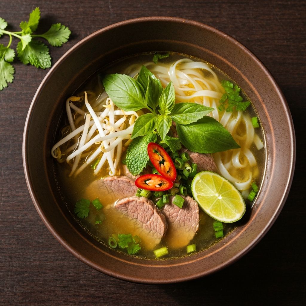 A steaming bowl of Vietnamese phở noodle soup with fresh herbs and beef slices