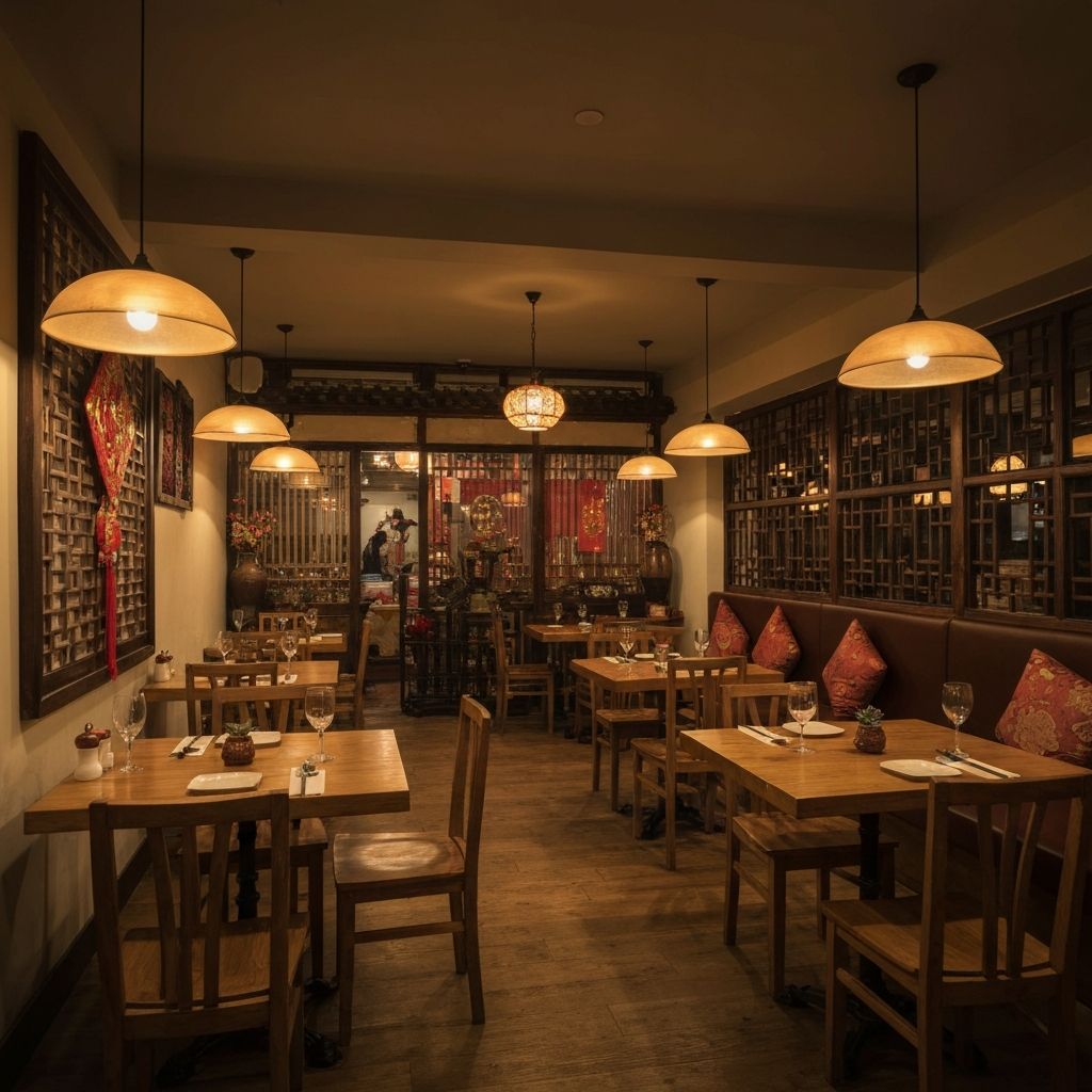 Cosy dining interior at Huong Xua, warm pendant lights above set tables with traditional Vietnamese decor